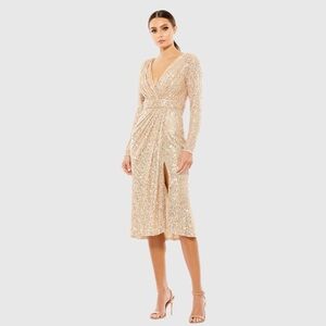 NWT $358 MAC DUGGAL FULLY Sequined Long Sleeve Midi Dress ROSE GOLD 26555
